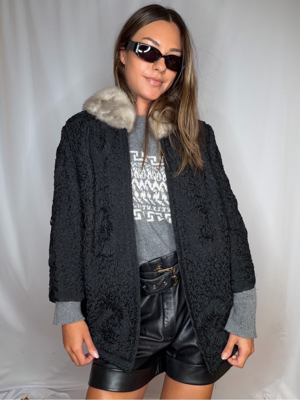 Vintage Black Textured Pea Coat with Taupe Fur Collar